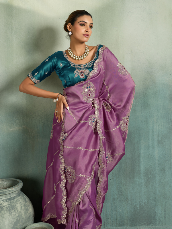 Orchid Purple Embroidered Designer Tissue Silk Saree With Contrast Blouse