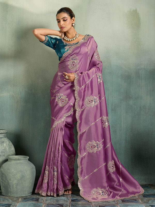 Orchid Purple Embroidered Designer Tissue Silk Saree With Contrast Blouse