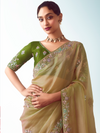 Antique Gold Embroidered Designer Tissue Silk Saree With Contrast Blouse