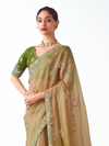 Antique Gold Embroidered Designer Tissue Silk Saree With Contrast Blouse