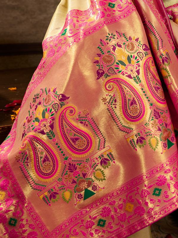 Cream Gold Paithani Tissue Silk Saree With Contrast Blouse