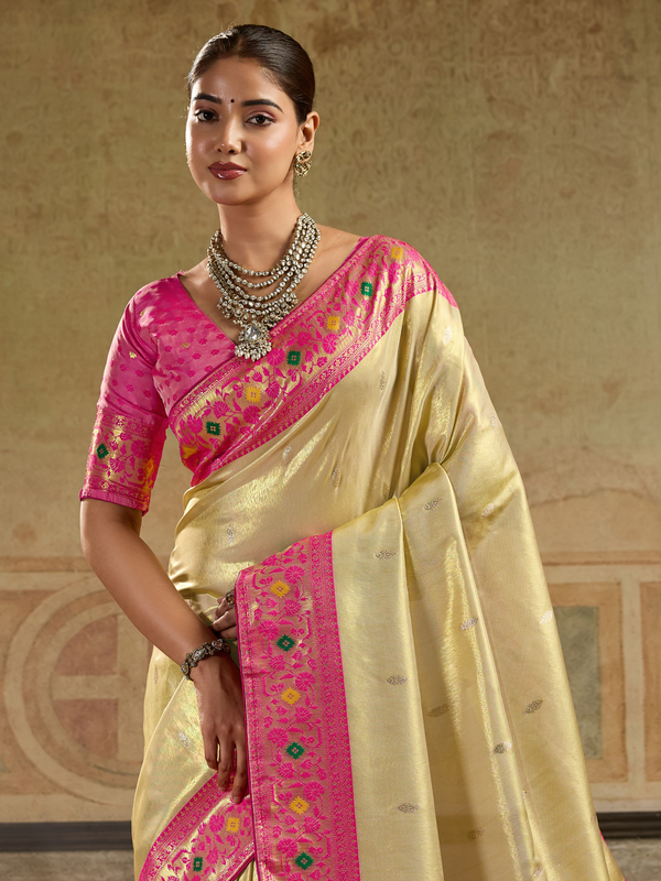 Cream Gold Paithani Tissue Silk Saree With Contrast Blouse