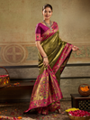 Olive Green Paithani Tissue Silk Saree With Contrast Blouse