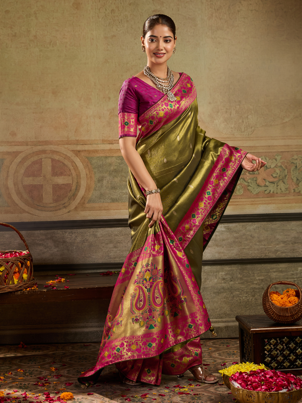 Olive Green Paithani Tissue Silk Saree With Contrast Blouse