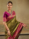 Olive Green Paithani Tissue Silk Saree With Contrast Blouse