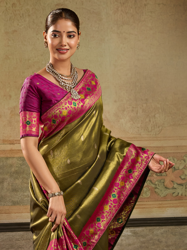 Olive Green Paithani Tissue Silk Saree With Contrast Blouse