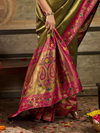 Olive Green Paithani Tissue Silk Saree With Contrast Blouse