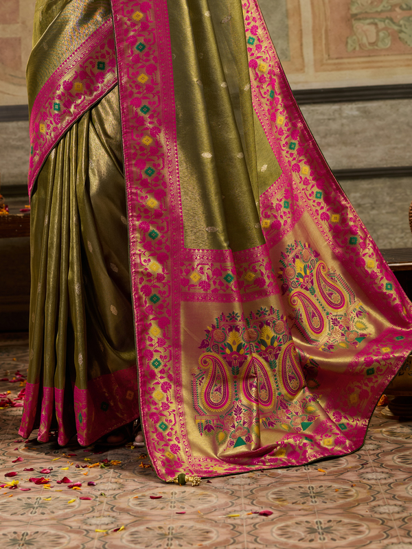 Olive Green Paithani Tissue Silk Saree With Contrast Blouse