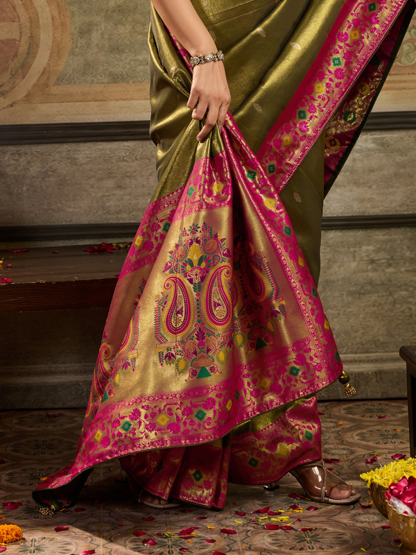 Olive Green Paithani Tissue Silk Saree With Contrast Blouse