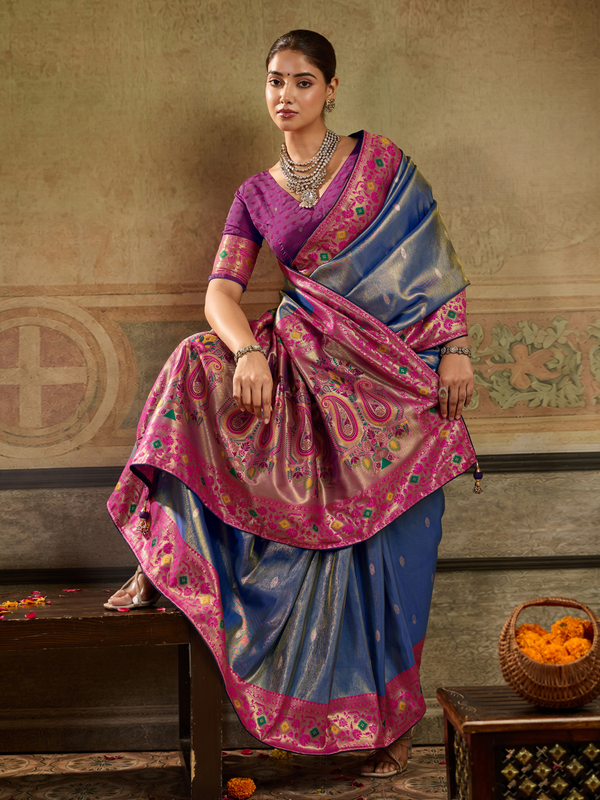 Royal Blue Paithani Tissue Silk Saree With Contrast Blouse