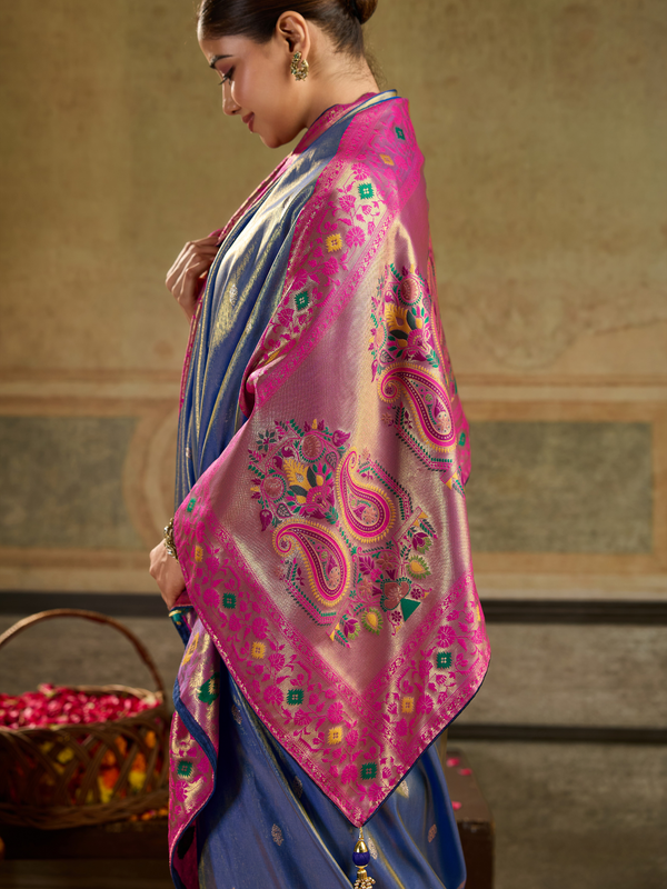 Royal Blue Paithani Tissue Silk Saree With Contrast Blouse