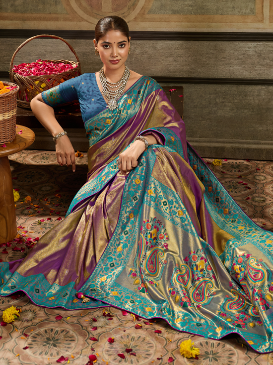 Magenta Purple Paithani Tissue Silk Saree With Contrast Blouse