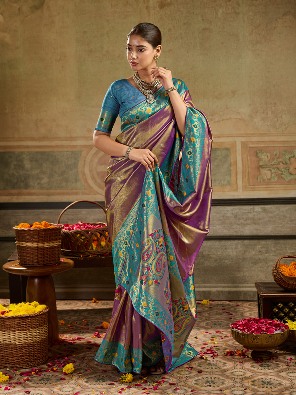 Magenta Purple Paithani Tissue Silk Saree With Contrast Blouse