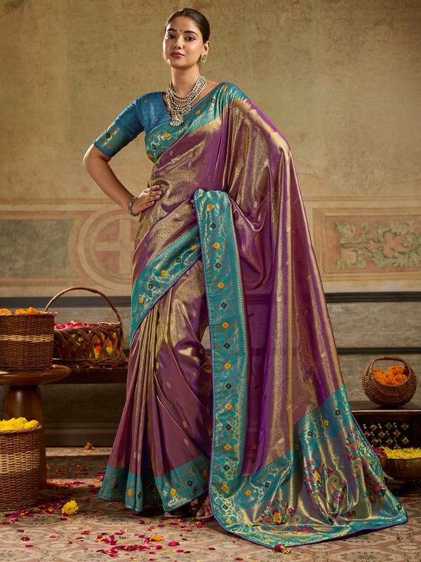 Magenta Purple Paithani Tissue Silk Saree With Contrast Blouse