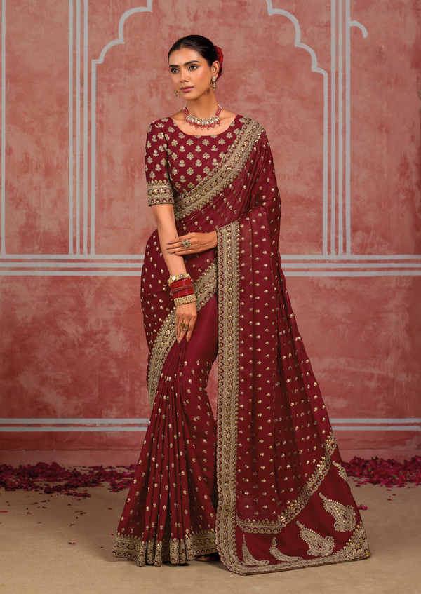 Deep Maroon Embroidered Designer Satin Silk Saree