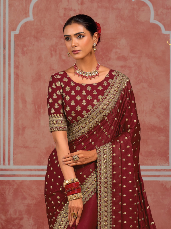 Deep Maroon Embroidered Designer Satin Silk Saree