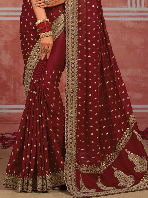 Deep Maroon Embroidered Designer Satin Silk Saree