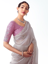 Silver Grey Embroidered Designer Tissue Silk Saree With Contrast Blouse