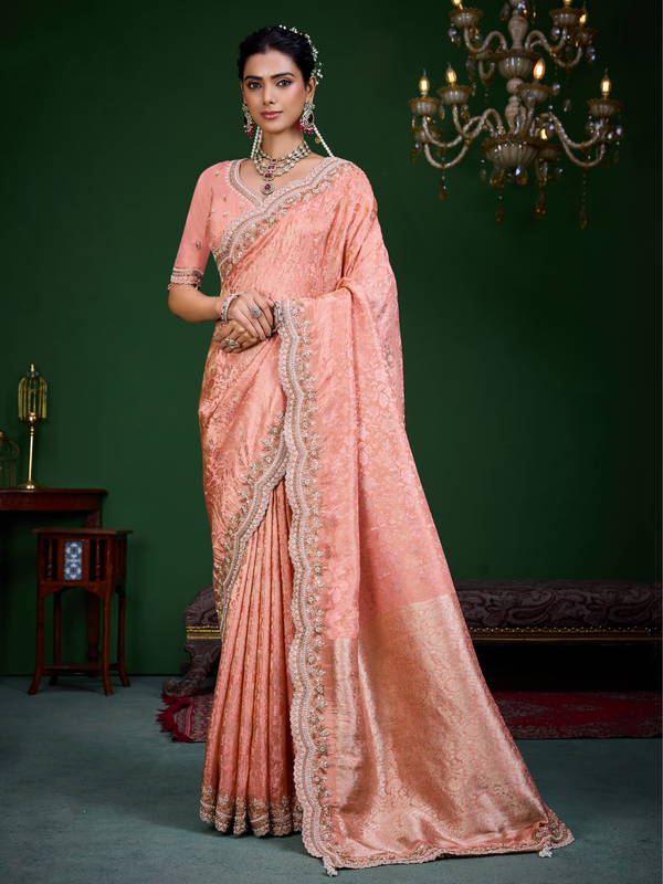 Peach Pink Banarasi Tissue Silk Saree