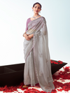 Silver Grey Embroidered Designer Tissue Silk Saree With Contrast Blouse