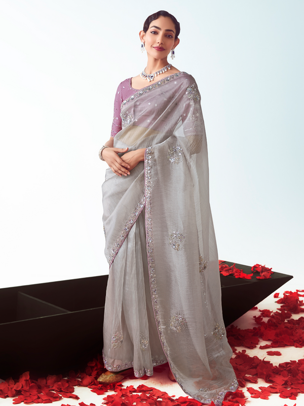 Silver Grey Embroidered Designer Tissue Silk Saree With Contrast Blouse