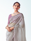 Silver Grey Embroidered Designer Tissue Silk Saree With Contrast Blouse