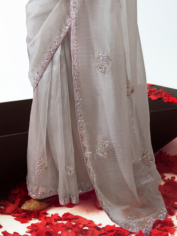 Silver Grey Embroidered Designer Tissue Silk Saree With Contrast Blouse