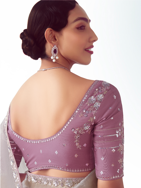 Silver Grey Embroidered Designer Tissue Silk Saree With Contrast Blouse