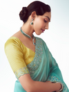 Aqua Turquoise Embroidered Designer Organza Silk Saree With Contrast Blouse