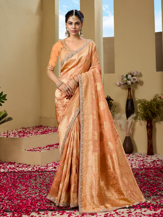 Peach Orange Banarasi Tissue Silk Saree