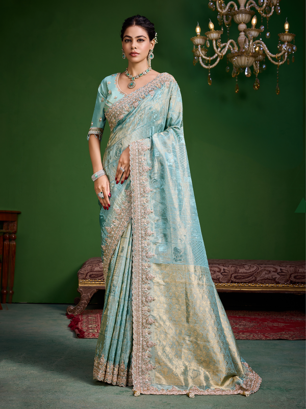 Aqua Blue Banarasi Tissue Silk Saree