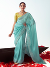 Aqua Turquoise Embroidered Designer Organza Silk Saree With Contrast Blouse