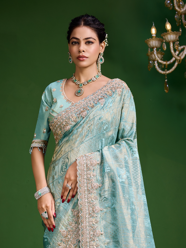 Aqua Blue Banarasi Tissue Silk Saree
