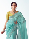 Aqua Turquoise Embroidered Designer Organza Silk Saree With Contrast Blouse