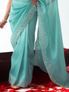 Aqua Turquoise Embroidered Designer Organza Silk Saree With Contrast Blouse