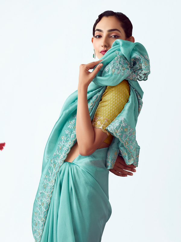 Aqua Turquoise Embroidered Designer Organza Silk Saree With Contrast Blouse