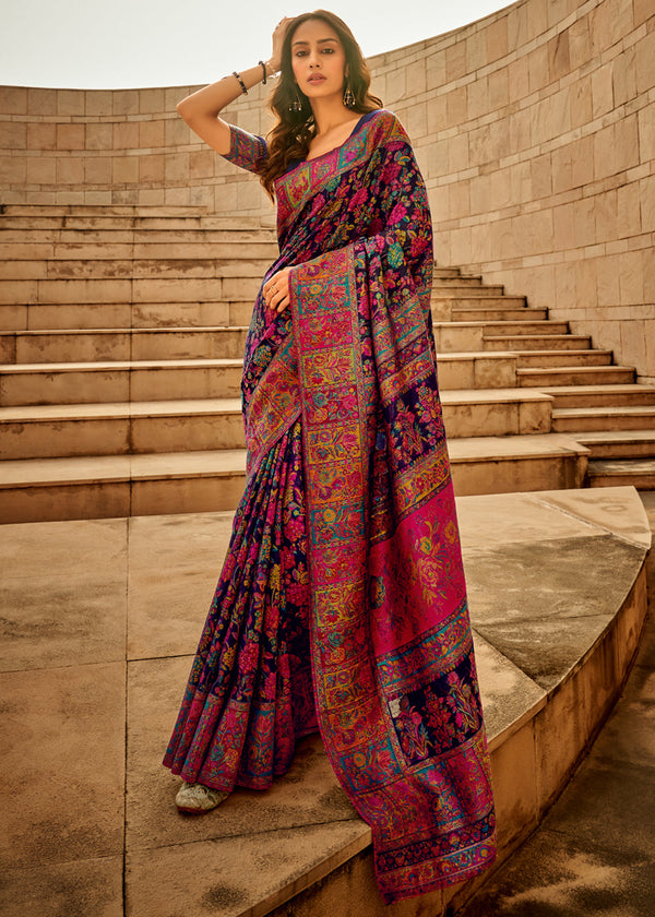Deep Navy Kashmiri Jamawar Silk Saree
