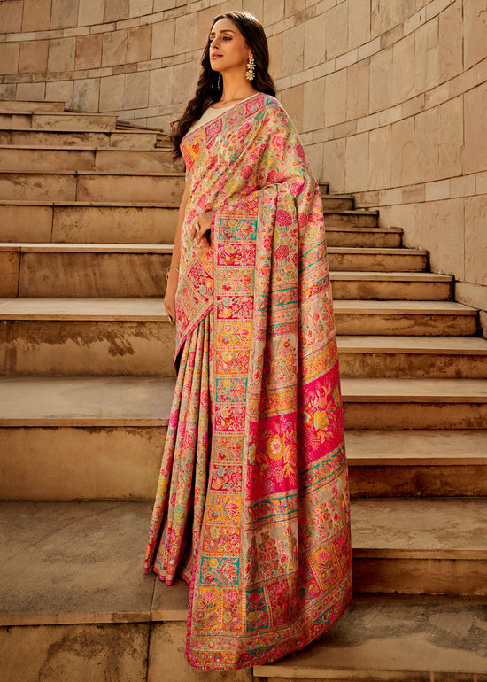 Sand Beige Kashmiri Jamawar Silk Saree