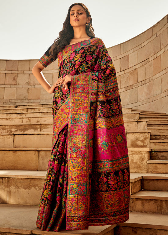 Midnight Black Kashmiri Jamawar Silk Saree
