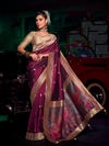 Wine Purple Banarasi Satin Silk Saree With Contrast Blouse