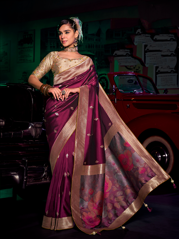 Wine Purple Banarasi Satin Silk Saree With Contrast Blouse