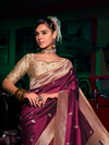 Wine Purple Banarasi Satin Silk Saree With Contrast Blouse