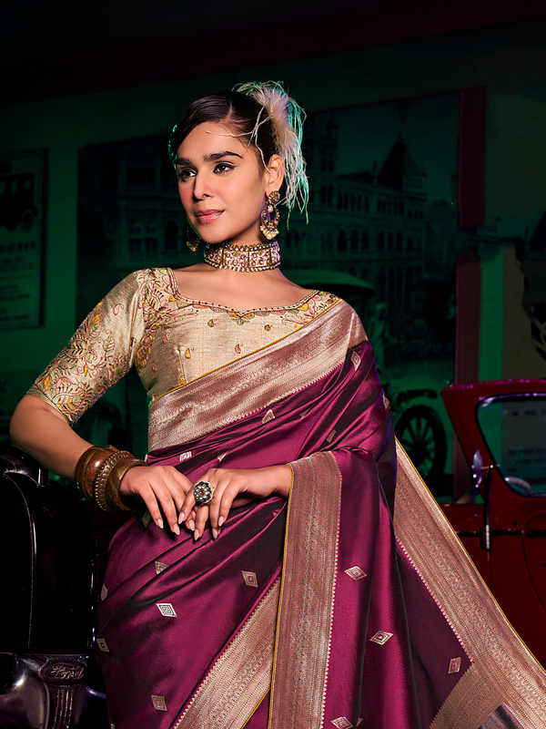 Wine Purple Banarasi Satin Silk Saree With Contrast Blouse