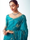Peacock Teal Embroidered Designer Satin Silk Saree