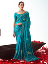 Peacock Teal Embroidered Designer Satin Silk Saree