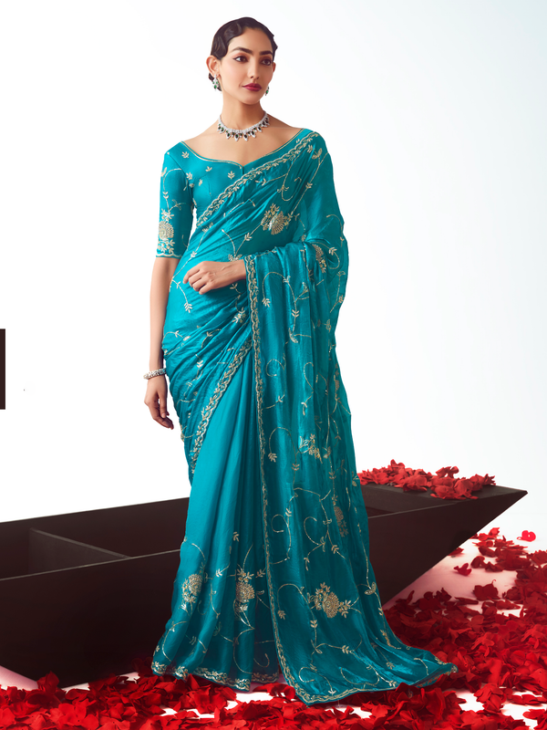 Peacock Teal Embroidered Designer Satin Silk Saree