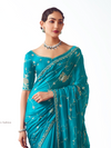 Peacock Teal Embroidered Designer Satin Silk Saree