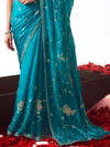 Peacock Teal Embroidered Designer Satin Silk Saree