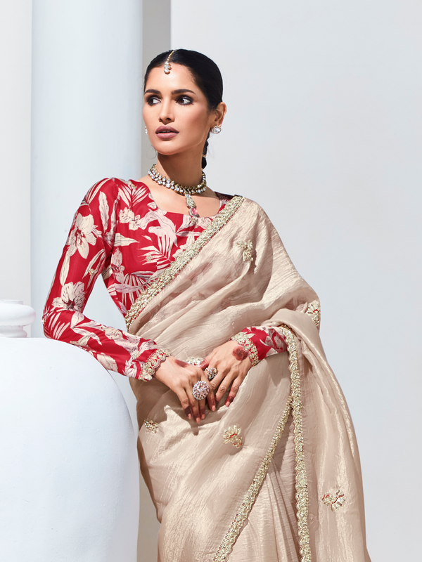 Champagne Beige Embroidered Designer Tissue Silk Saree