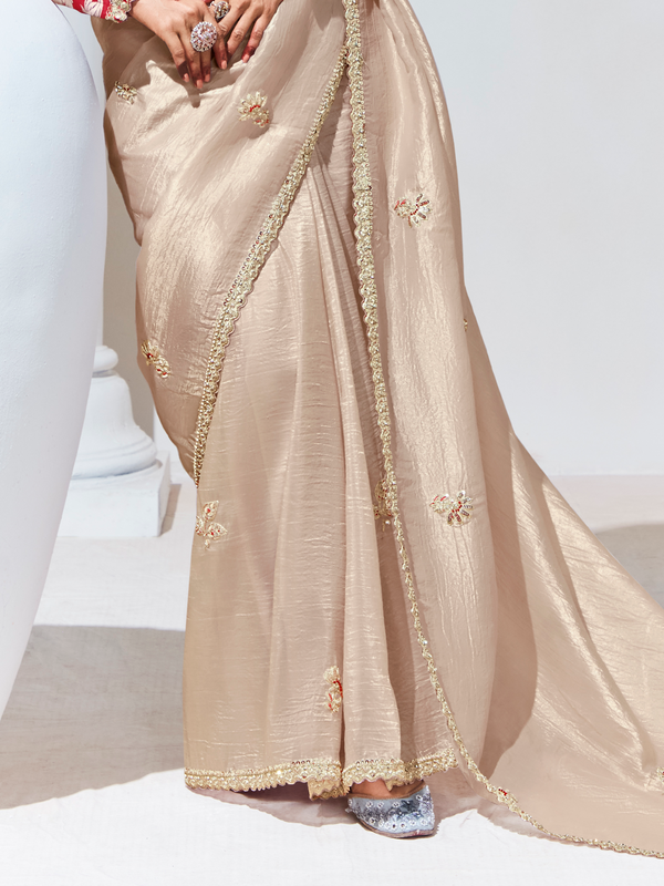 Champagne Beige Embroidered Designer Tissue Silk Saree